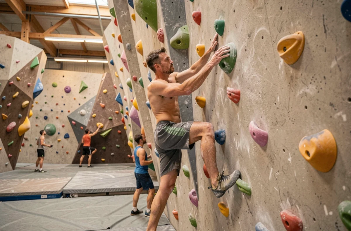 Accrosport Strasbourg avec un grimpeur masculin sur un mur de bloc intérieur coloré dans une salle d'escalade sportive