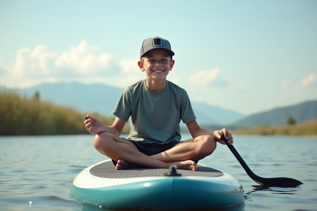 Adolescent en paddle sur une rivi&egrave;re paisible avec montagnes