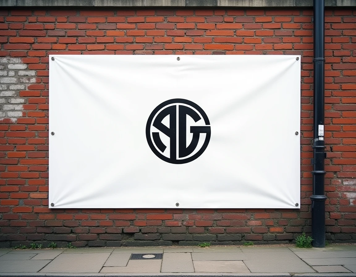 Affiche grand format d'un logo de club de football en noir et blanc coll&eacute;e sur un mur de briques urbain