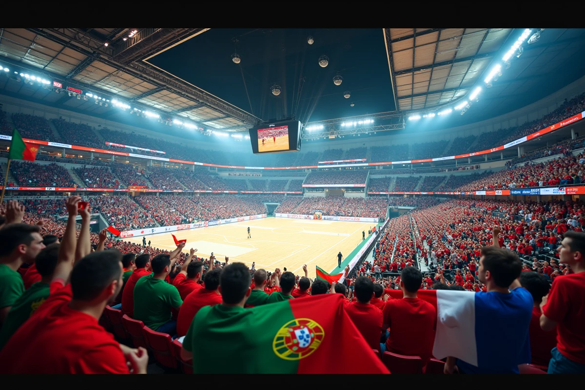 Ambiance dans les tribunes lors d'un match de handball entre le Portugal et la France
