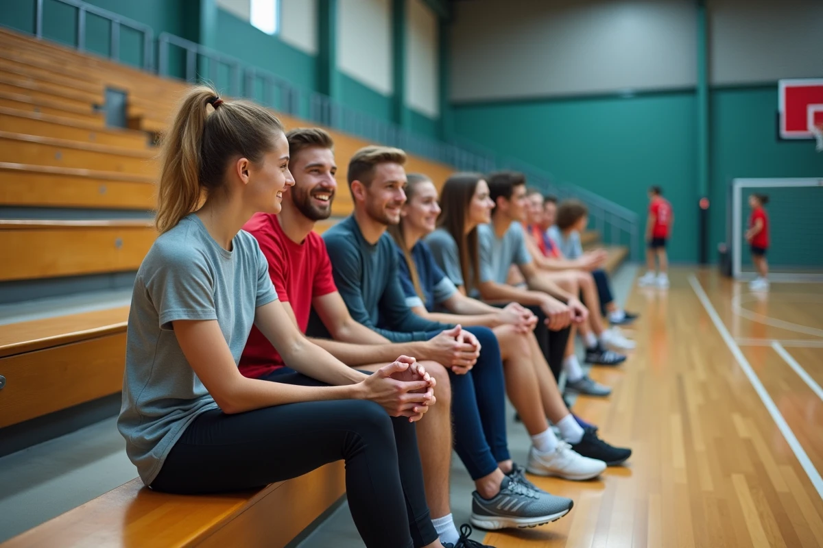 Jeunes amis discutant sur les gradins d&rsquo;un hall multisports