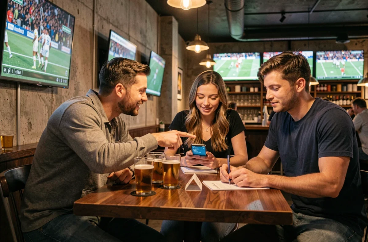 Groupe d'amis suivant plusieurs matchs à la fois dans un bar sportif avec plusieurs écrans