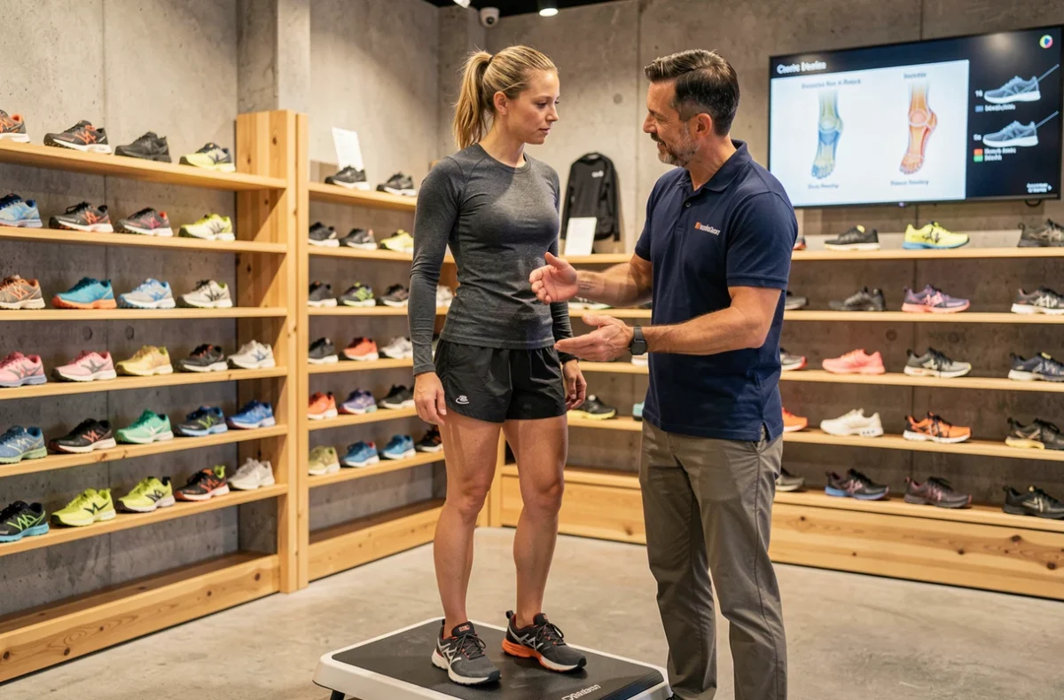 Conseiller en magasin analysant la foulée d'une coureuse de trail chez Trailrunningstore.fr