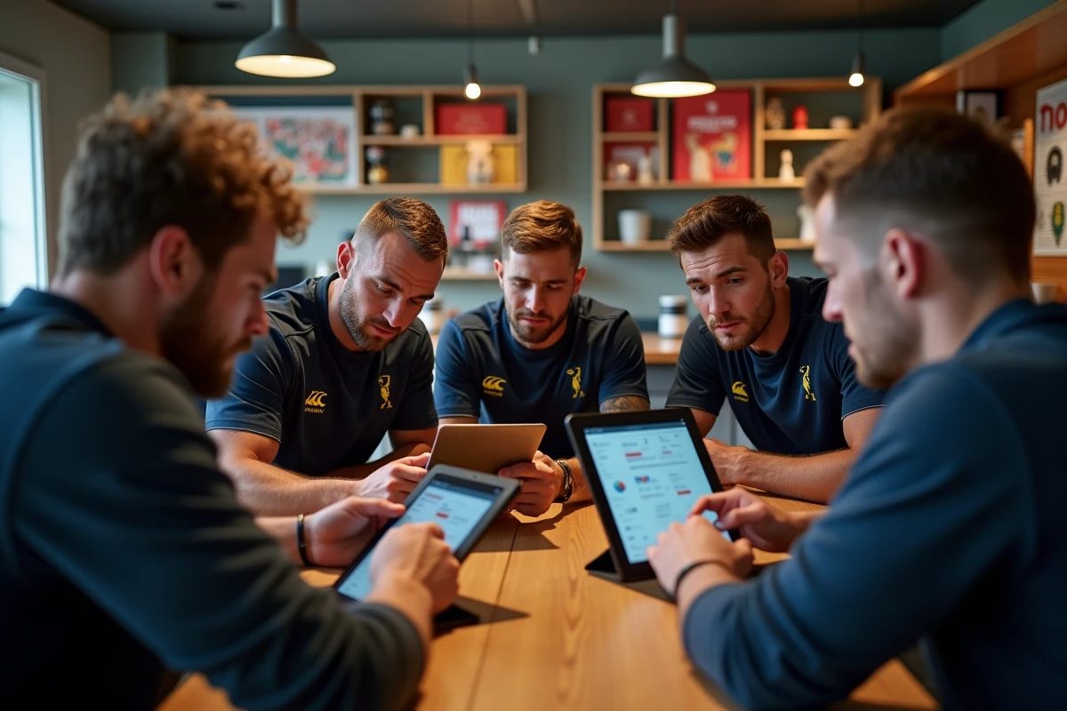 Groupe de rugbymen analysant des données sur tablettes