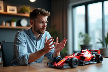 Analyste motorsport homme jeune avec models de F1 et MotoGP