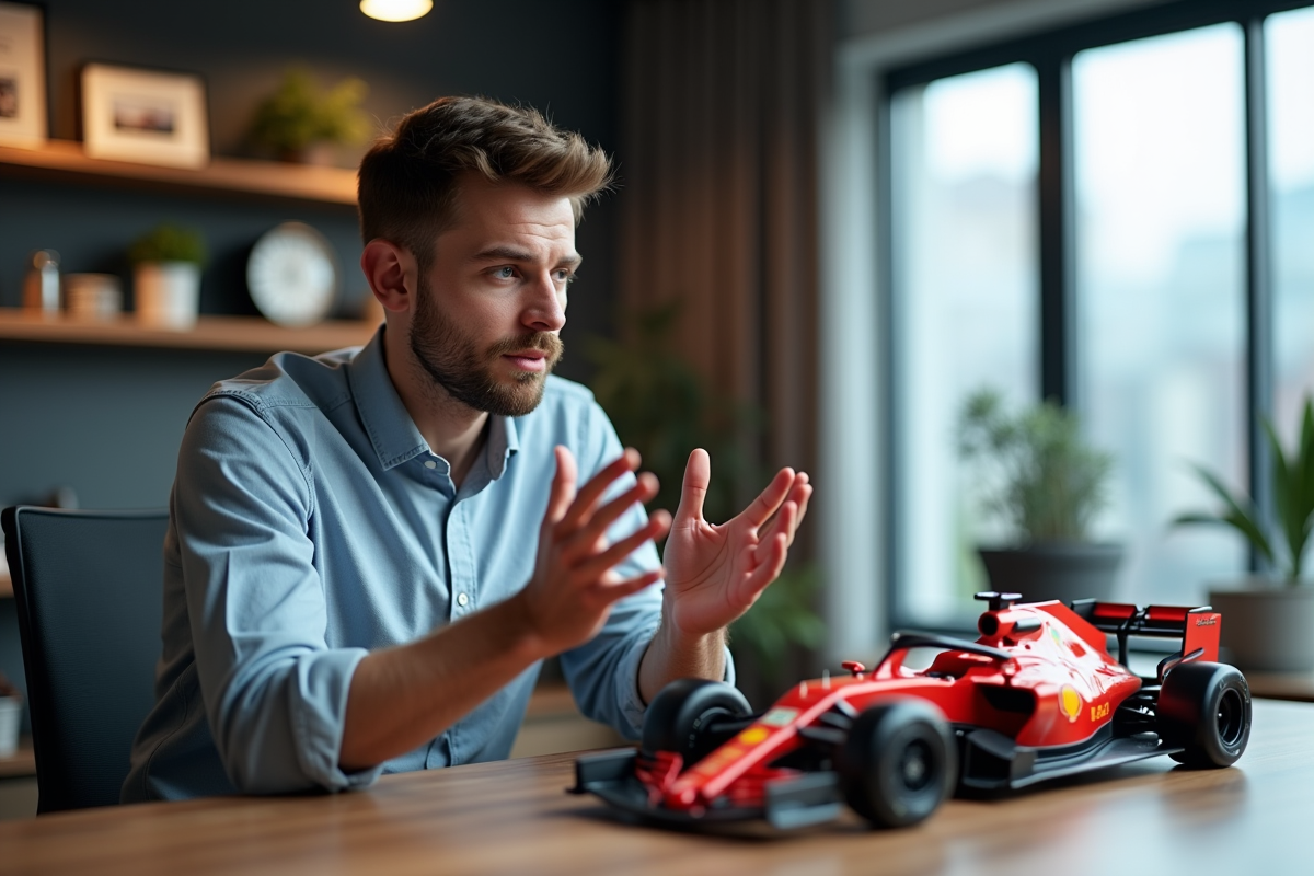 Analyste motorsport homme jeune avec models de F1 et MotoGP