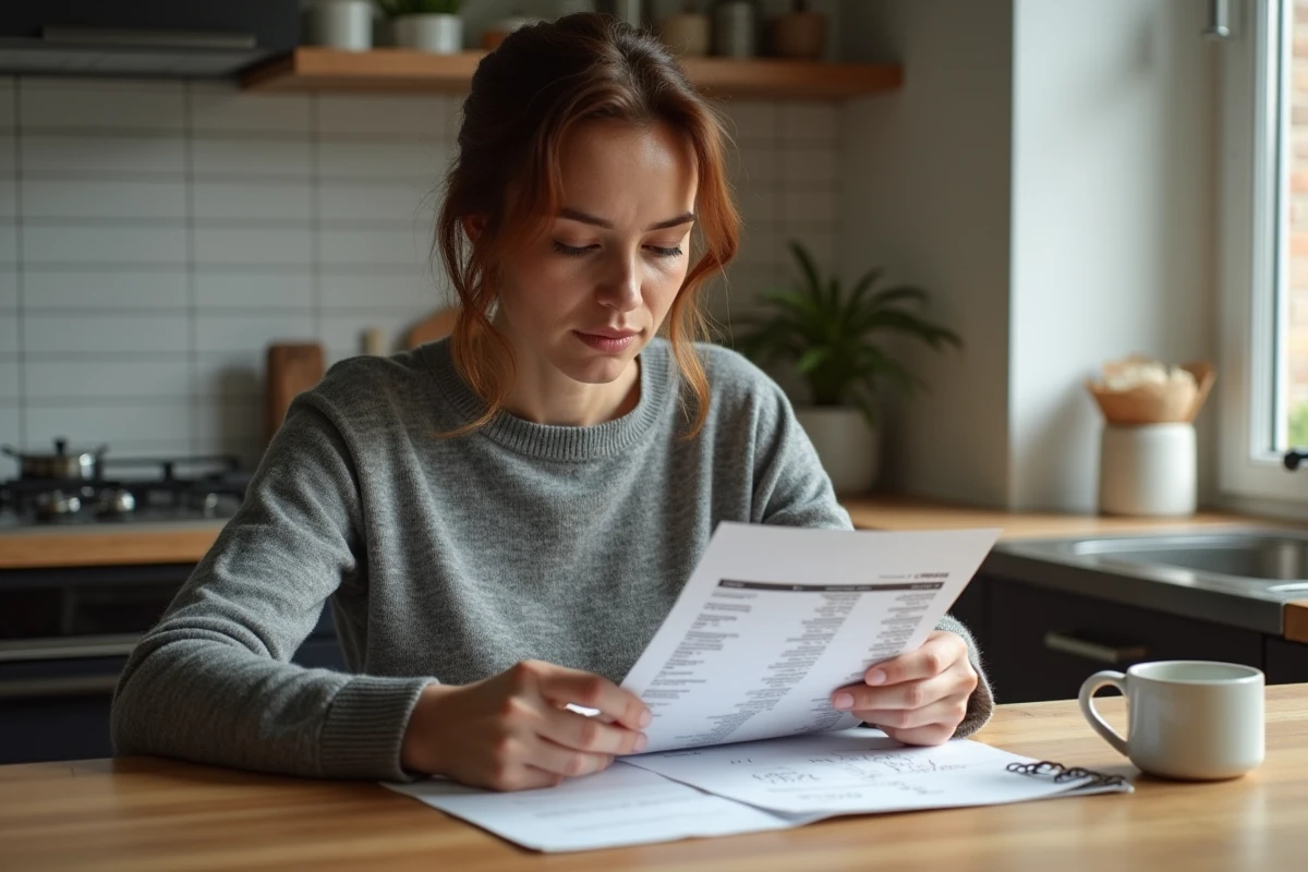 Femme arbitre consultant sa fiche de paie à domicile, représentant le calcul du salaire d'arbitre amateur