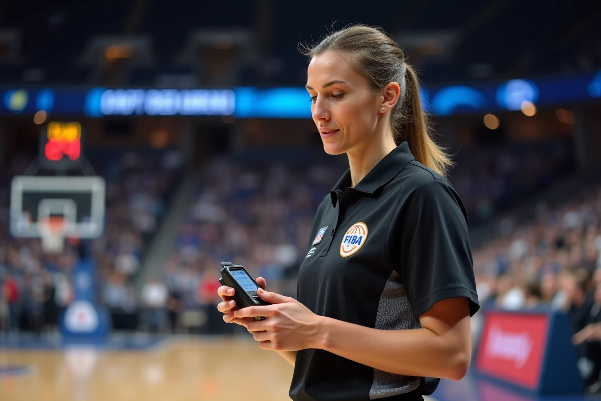 Arbitre féminine vérifiant son chronomètre lors d’un match