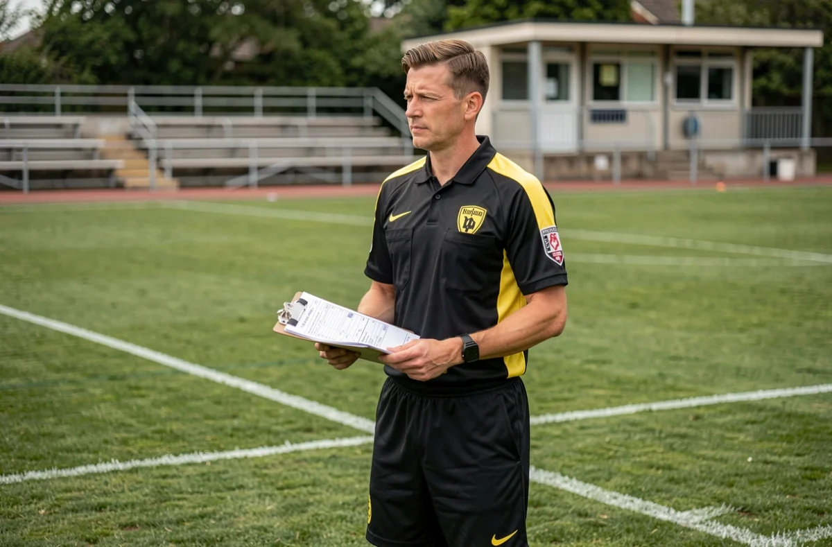 Arbitre officiel du District Foot Orne sur un terrain de football régional avec feuille de match