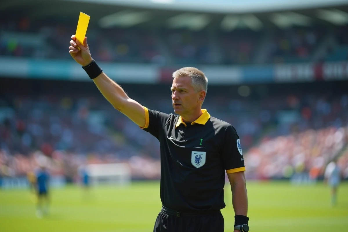 Arbitre de football tenant un carton jaune sur un terrain d'amateur, illustrant le métier et la rémunération d'arbitre