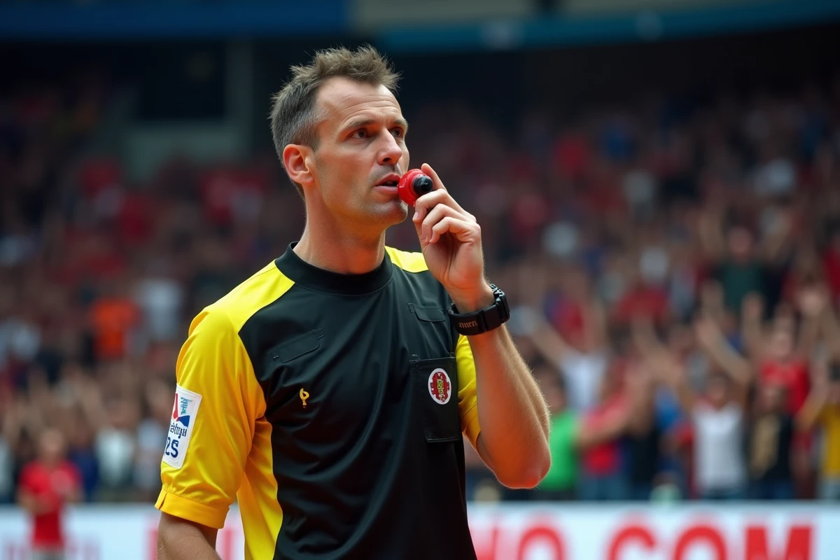Arbitre de handball sifflant une faute lors d'un match Portugal France