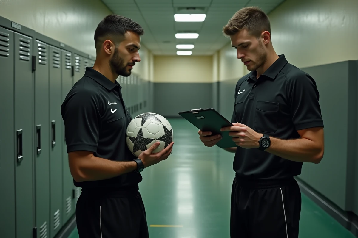 Deux arbitres de football en couloir de vestiaire avant un match, évoquant la réalité du métier d'arbitre et ses revenus