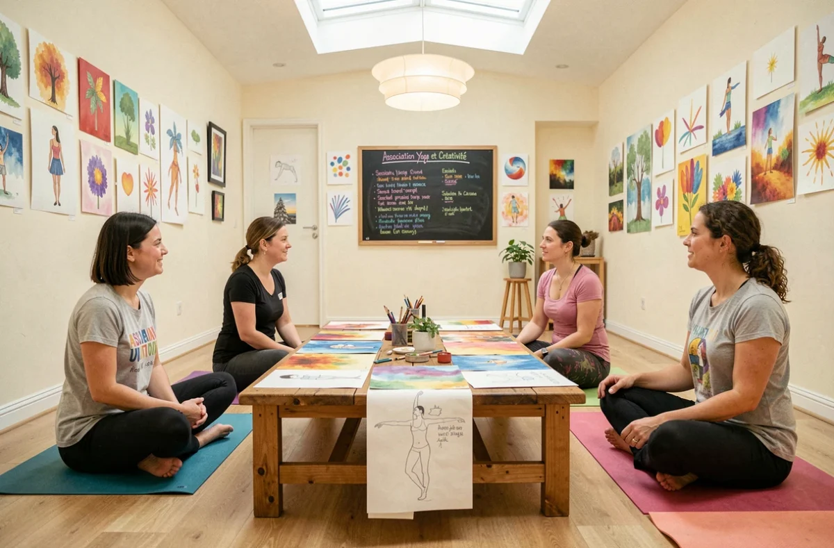 Groupe d'adultes participant à un atelier yoga et créativité avec peintures aquarelle et croquis de postures sur une table en bois