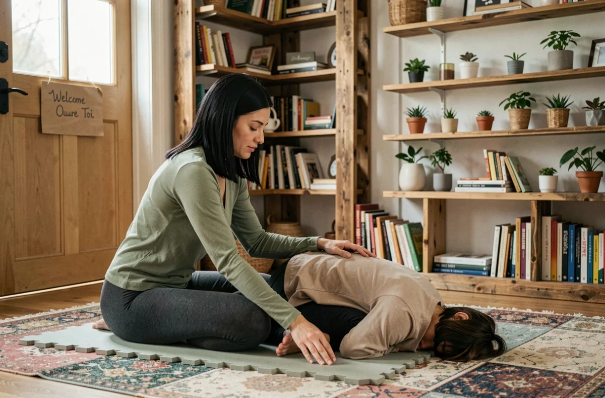 Instructrice aidant une participante dans une flexion avant à l'Atelier Ouvre Toi, avec étagères en bois recyclé et tapis vintage