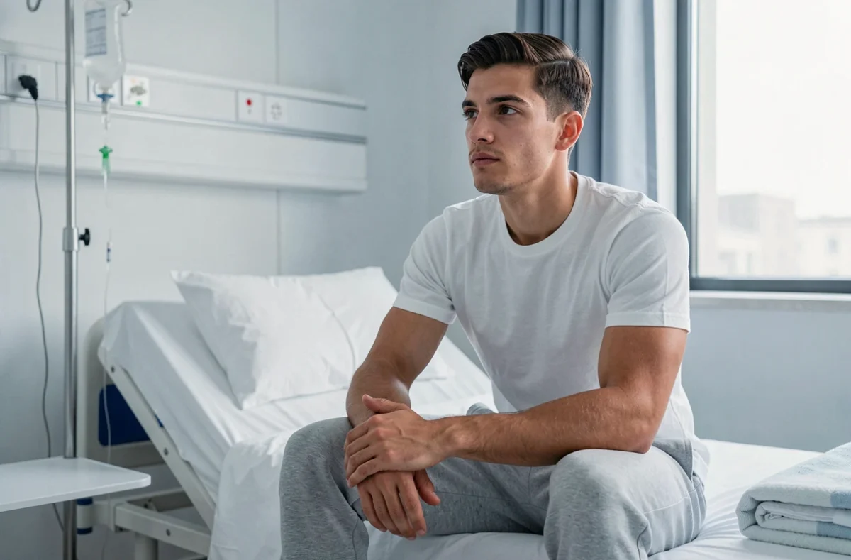 Jeune athlète en convalescence dans une chambre d'hôpital, regard contemplatif et expression de résilience