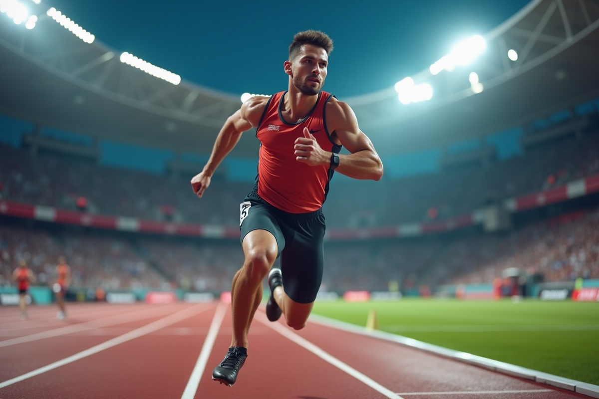 Athlète déterminé en pleine course sur une piste olympique