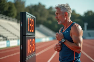 Homme fatigué près du tableau de record au stade