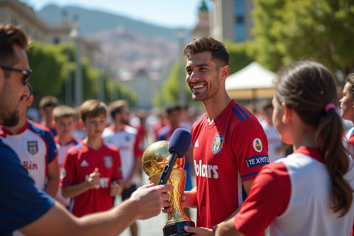Athlète souriant avec trophée interviewé par des journalistes en ville