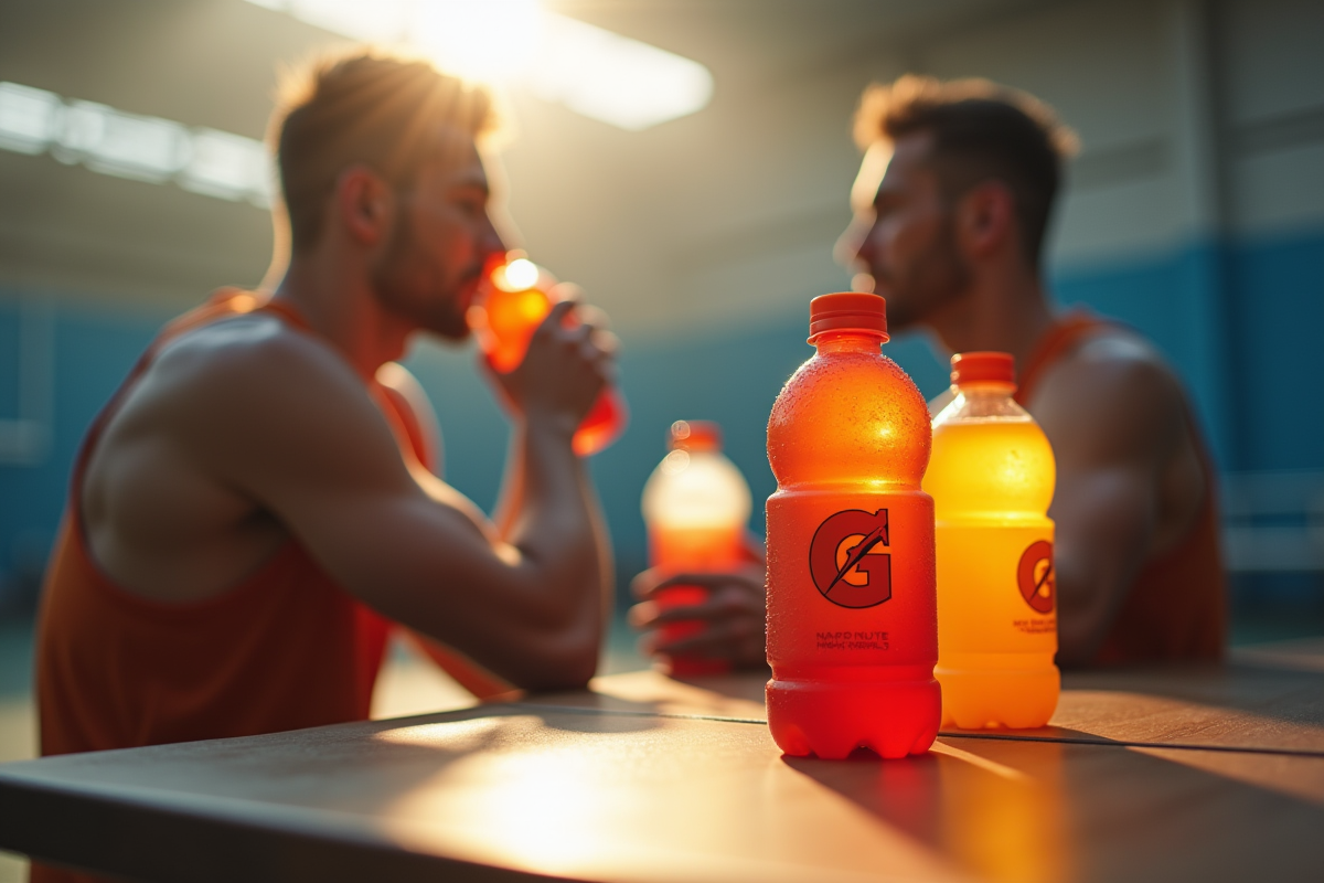 Deux athlètes buvant Gatorade et soda en salle de sport