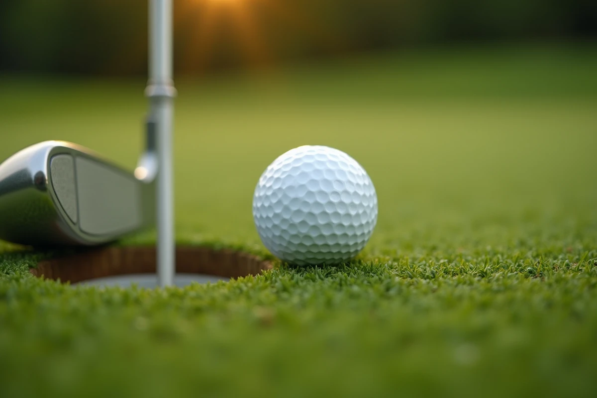 Gros plan d'une balle de golf sur le green avec les nuances de pente visibles dans l'herbe