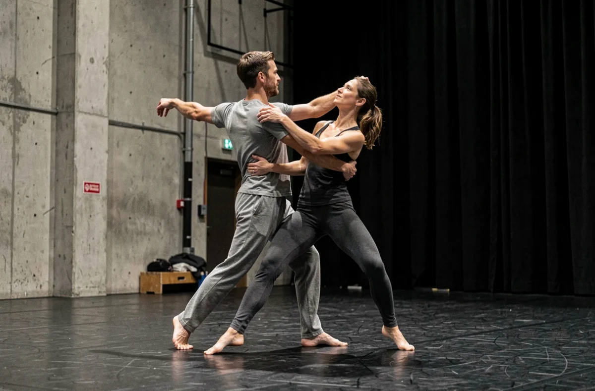 Deux danseurs contemporains en répétition sur la scène du Ballet Preljocaj à Aix-en-Provence