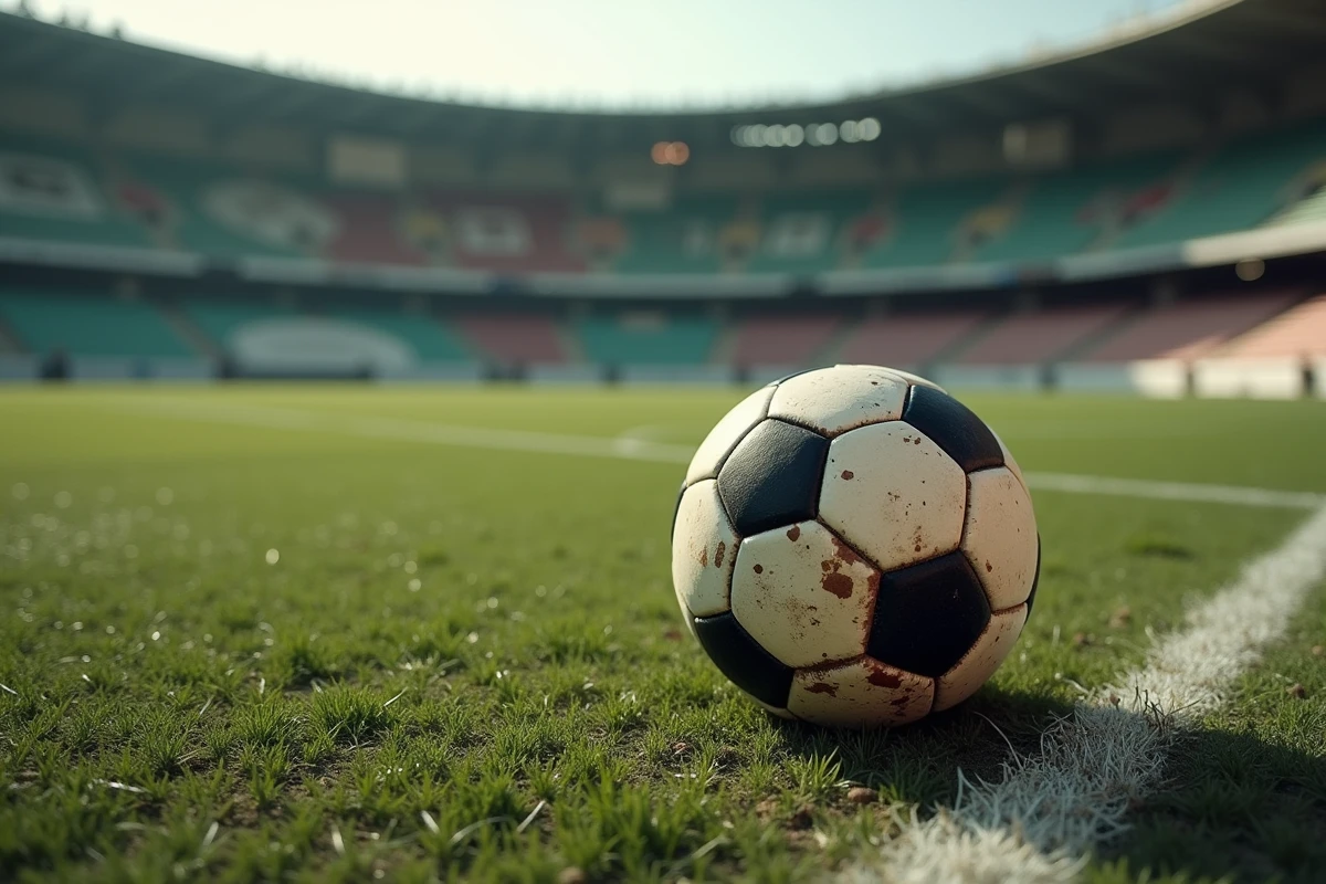 Ballon de football vintage posé sur le gazon d'un stade de football italien historique