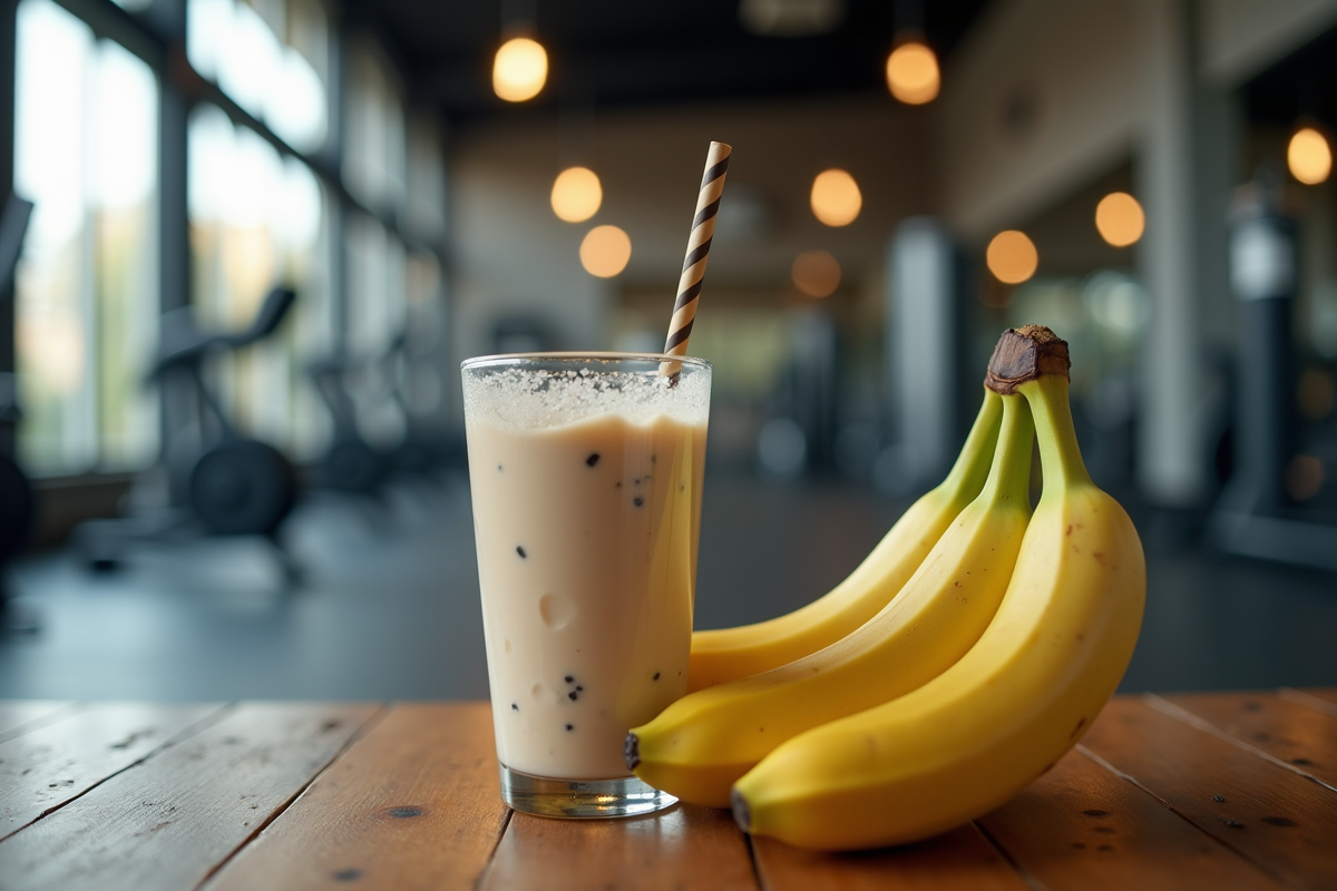 Bananes et shake protéiné sur banc de musculation moderne