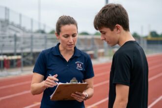 Femme bénévole coach sportif avec clipboard supervisant un athlète sur une piste d'athlétisme municipale, illustration du passage au statut de salarié du sport
