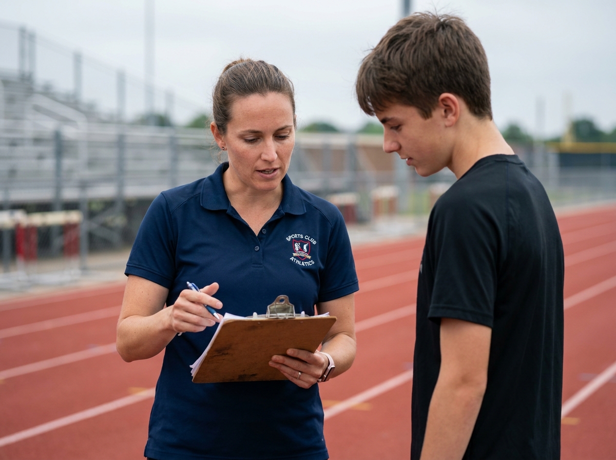 Femme bénévole coach sportif avec clipboard supervisant un athlète sur une piste d'athlétisme municipale, illustration du passage au statut de salarié du sport