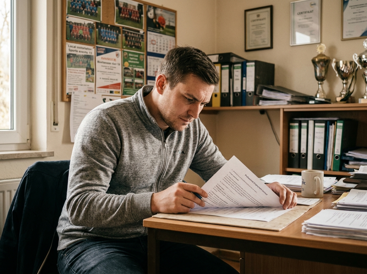Jeune homme bénévole lisant un contrat de travail dans un bureau de club sportif, étape clé pour devenir salarié du sport