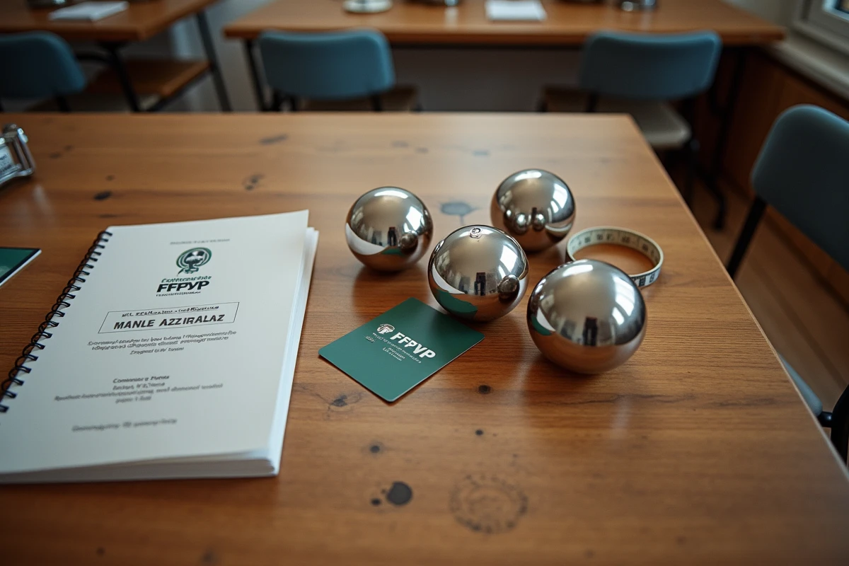 Boules de pétanque, cochonnet, licence FFPJP et règlement officiel posés sur une table en bois dans un club de pétanque