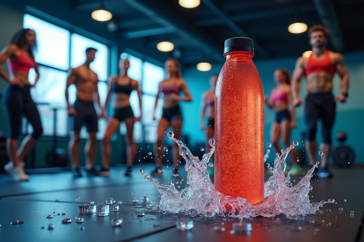 Bouteille de boisson sportive futuriste en salle de sport dynamique