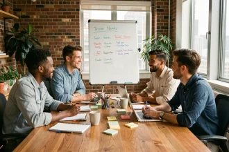 Groupe de collègues en réunion autour d'une table brainstorming pour trouver un nom d'équipe original sur tableau blanc