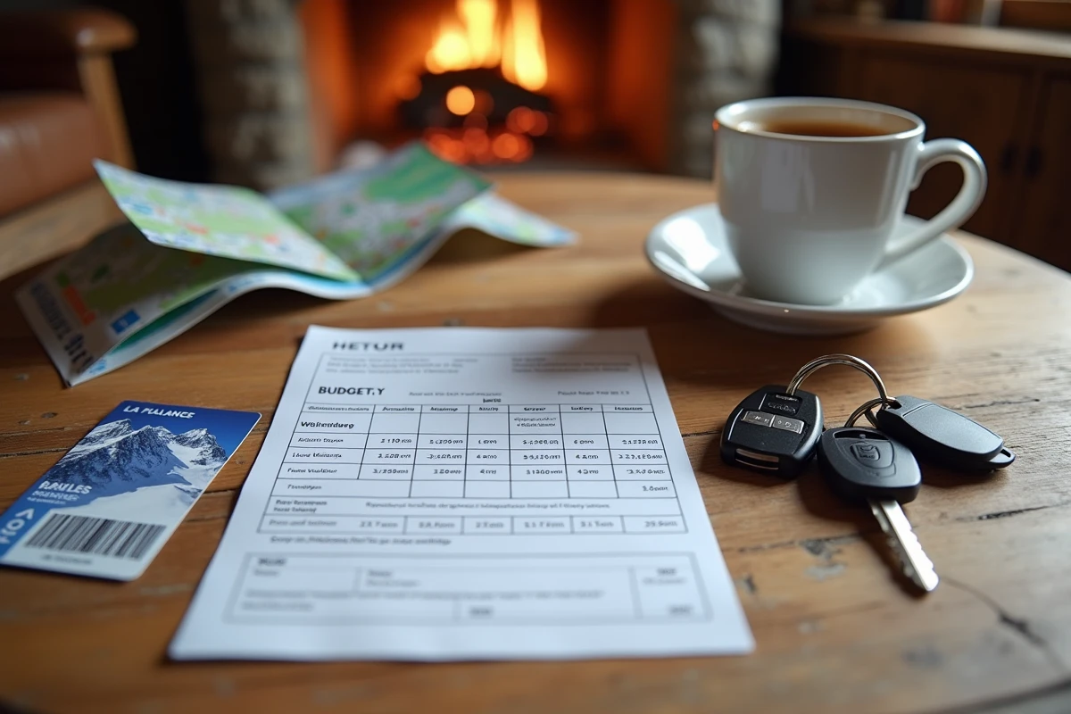 Forfait de ski La Plagne et budget détaillé pour une semaine posés sur une table de chalet en bois