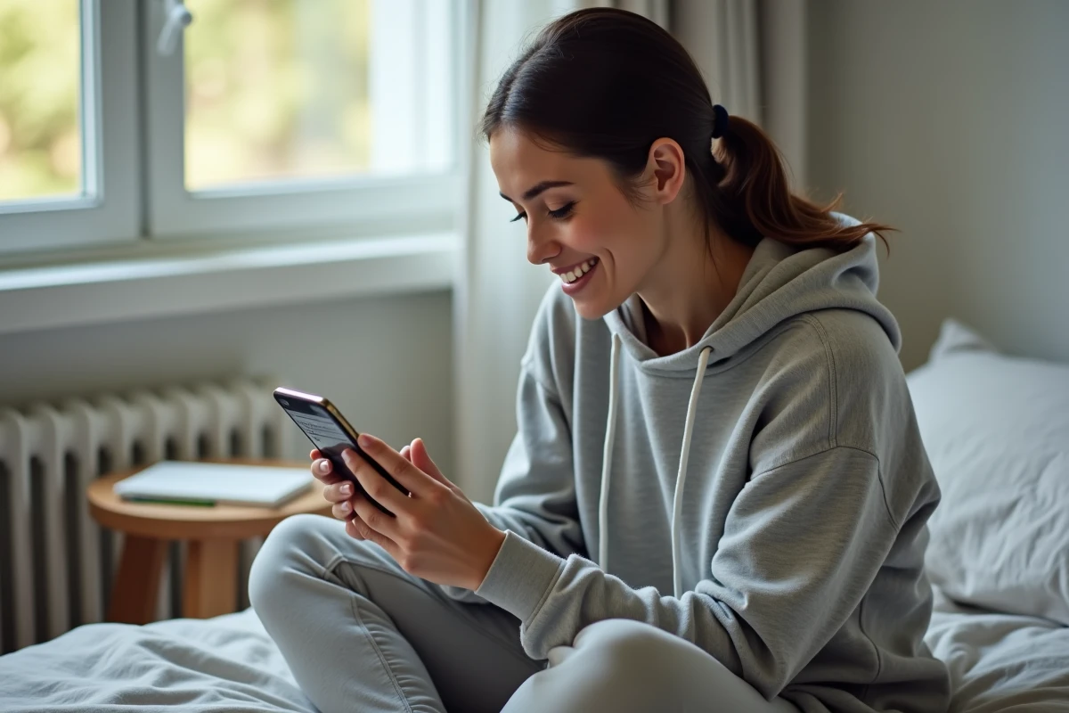 Femme consultant un calendrier de courses automobiles sur son smartphone depuis sa chambre