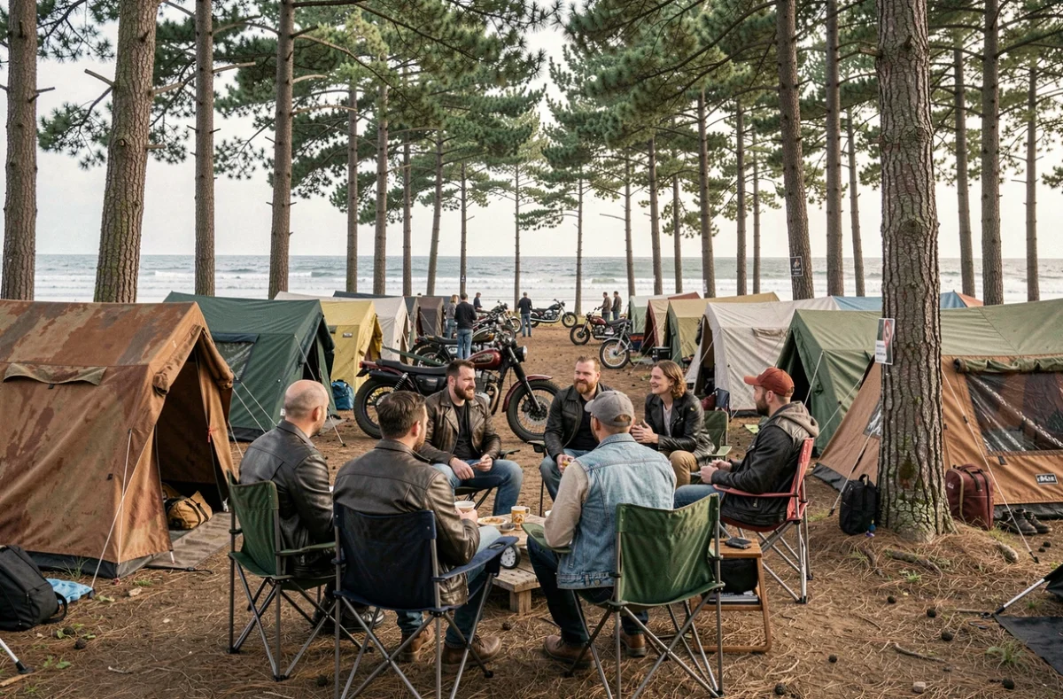 Camping de motards au festival moto de Montalivet avec tentes sous les pins et motos personnalisées