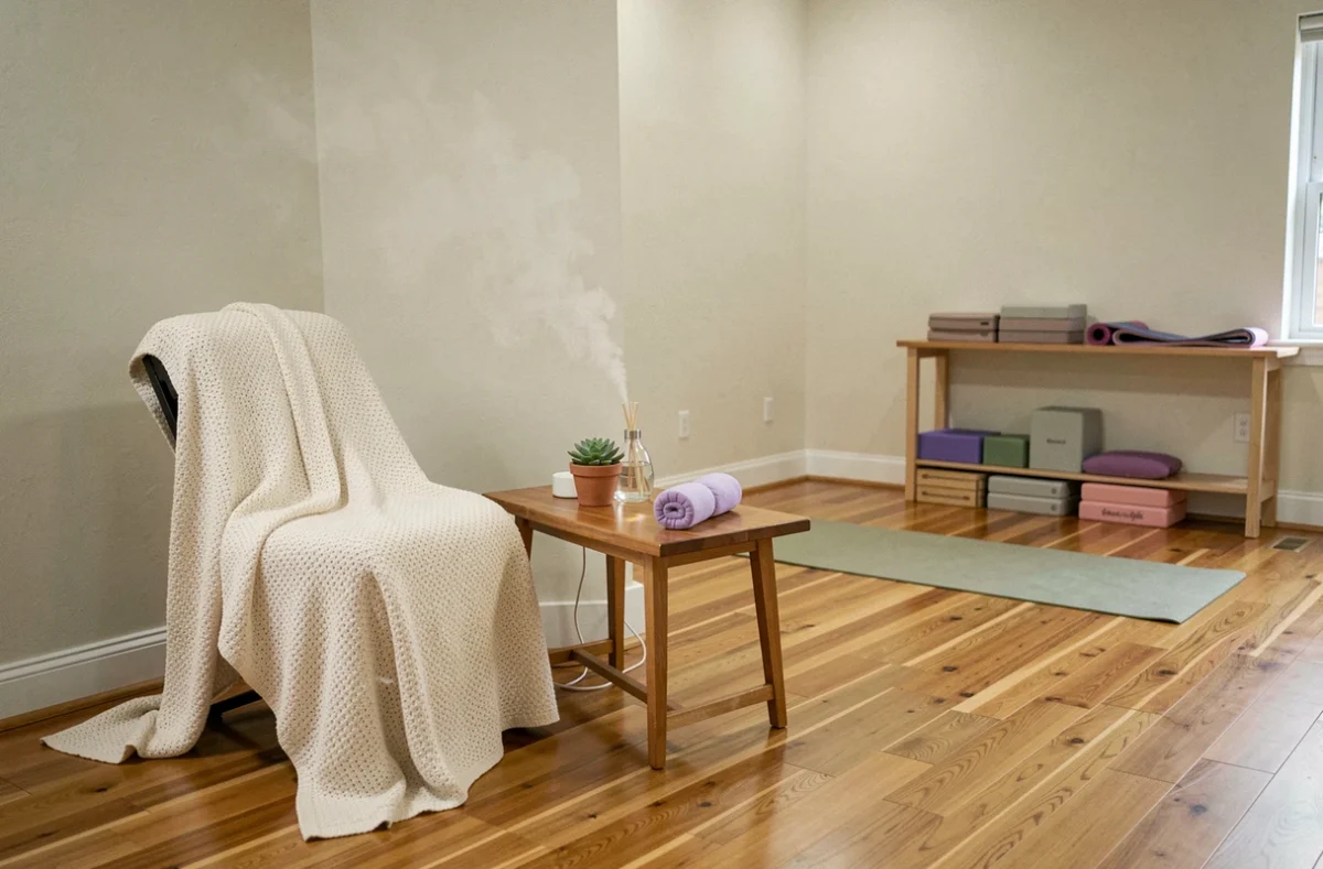 Salle du Centre de Yoga et de Relaxation avec coin détente en fauteuil crème et espace de pratique avec blocs et sangles rangés