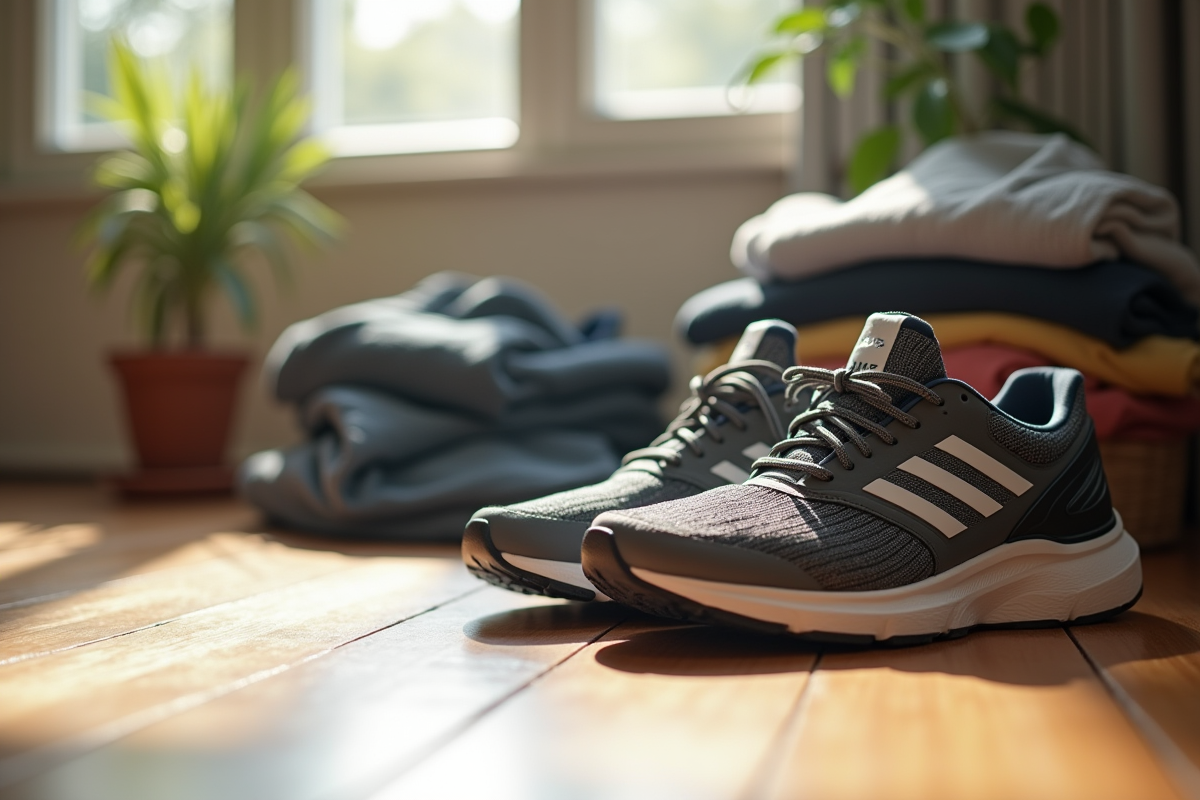 Chaussures de course usées sur un sol en bois avec vêtements pliés