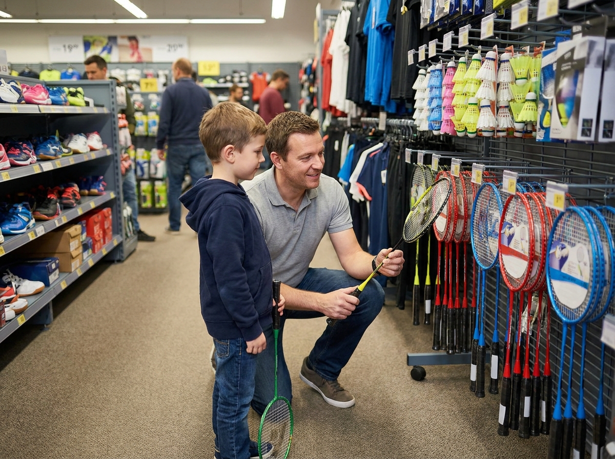 Père et fils choisissant une raquette de badminton junior dans un magasin de sport, guide d'achat pour parents