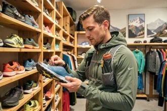 Client examinant des chaussures de trail dans le magasin spécialisé Trailrunningstore.fr près d'Annecy