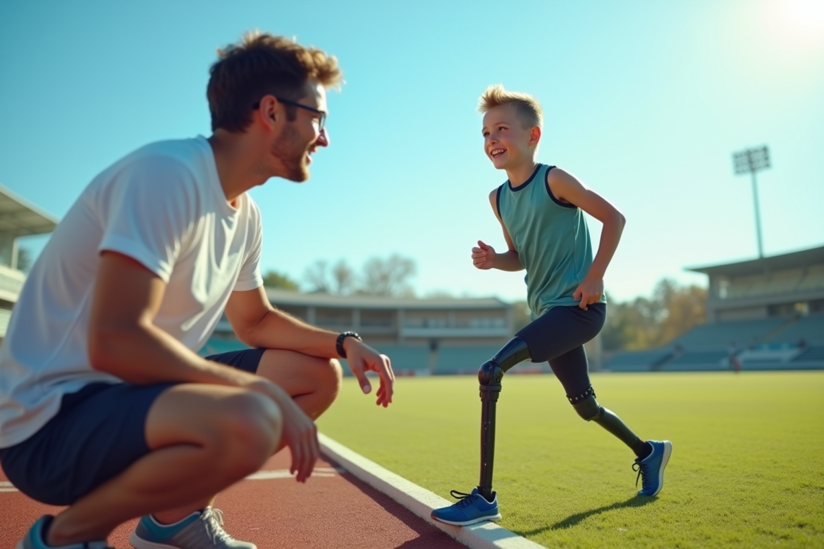 Entraineur parlant à un jeune athlète avec prothese sur terrain ensoleille