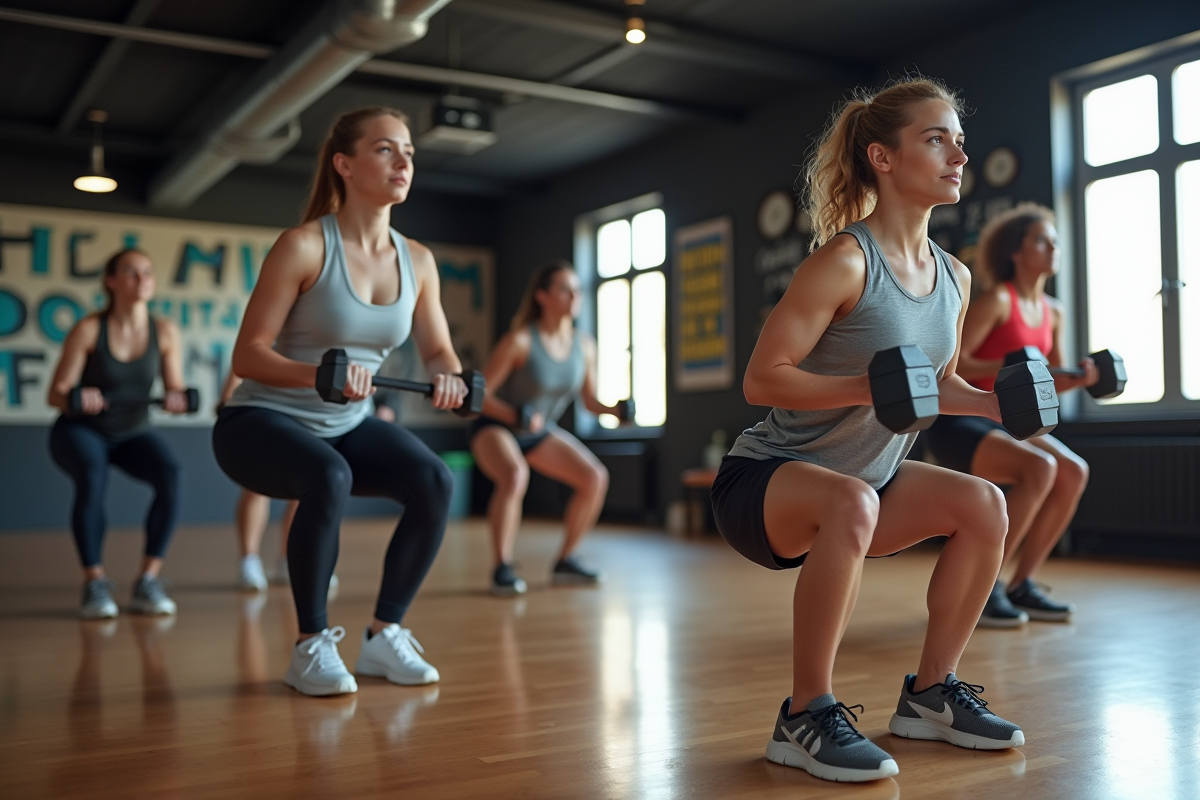 Entraineur guidant un groupe débutant en squats avec haltères dans une salle lumineuse