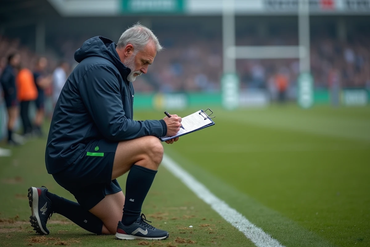 Entraineur de rugby en pleine réflexion sur le bord du terrain