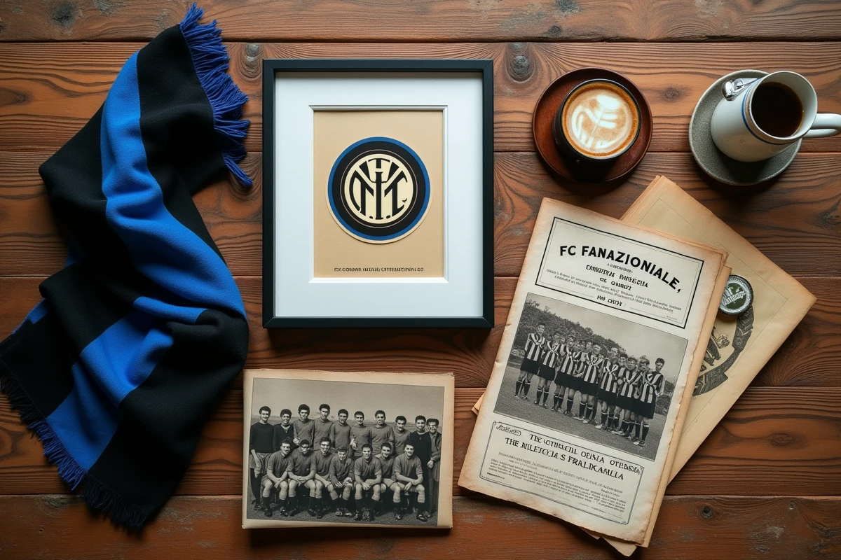 Collection de souvenirs historiques de l'Inter Milan disposés sur une table en bois, incluant écharpe, programmes de matchs et insigne du club