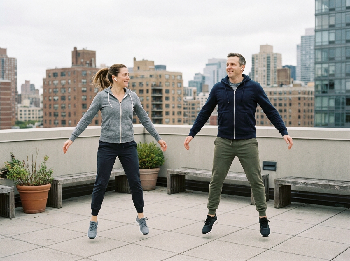 Deux collègues faisant des exercices HIIT sur une terrasse de bureau pendant la pause déjeuner