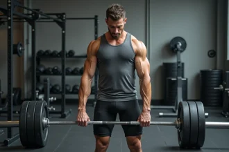 Homme comparant une barre olympique et une barre standard dans une salle de musculation professionnelle