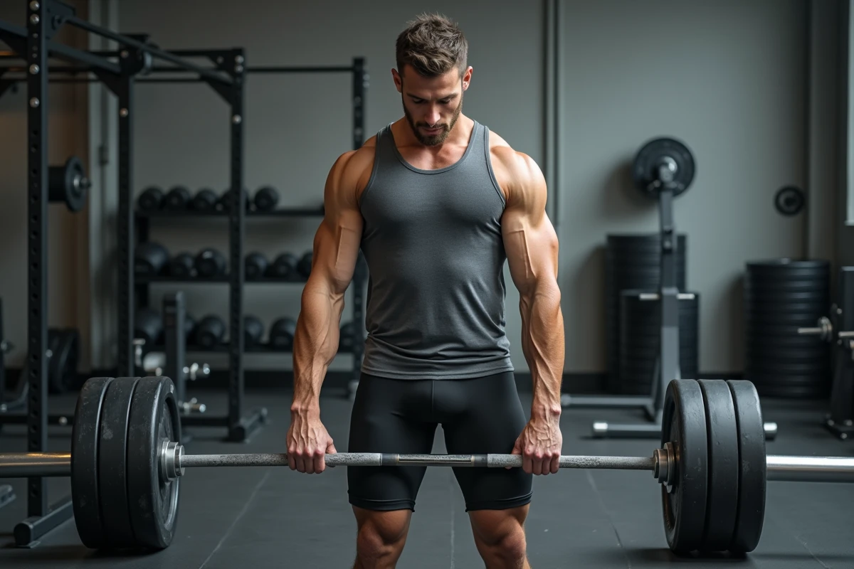 Homme comparant une barre olympique et une barre standard dans une salle de musculation professionnelle