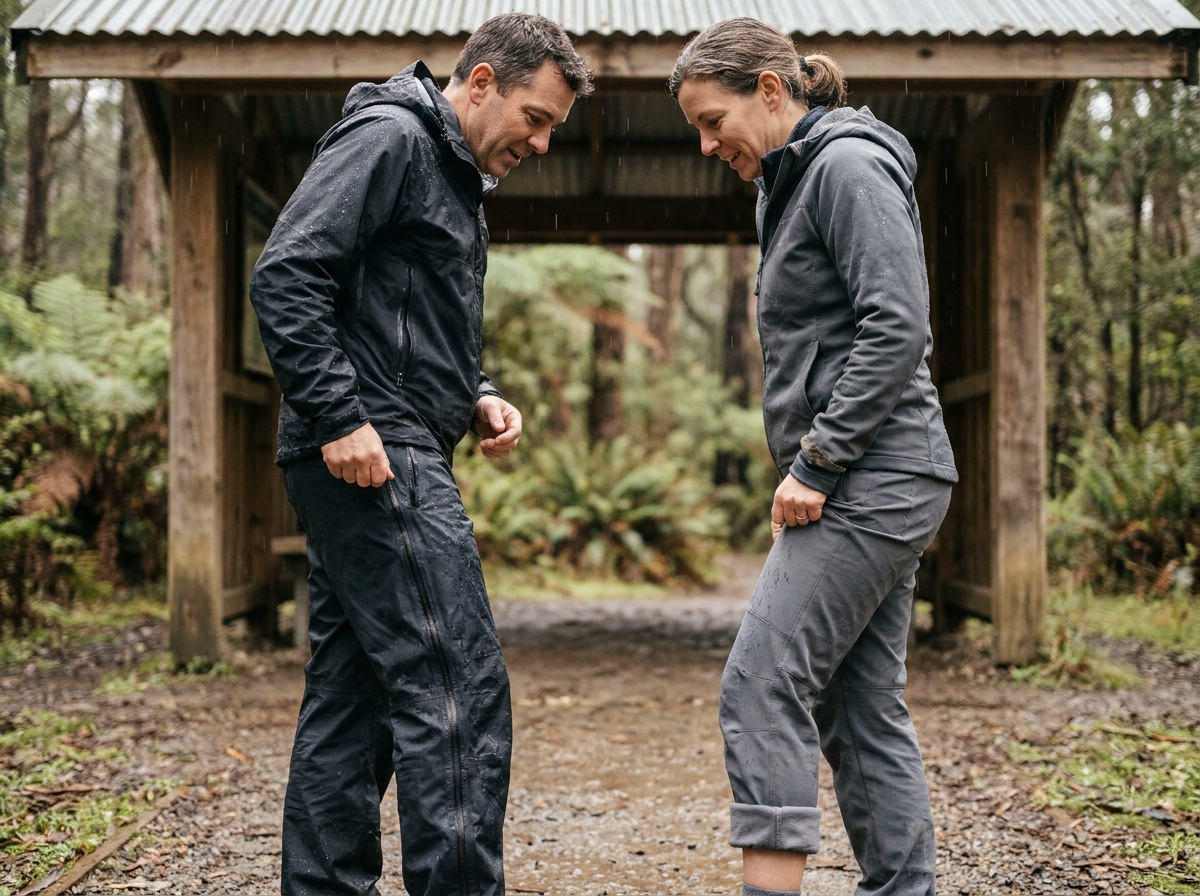 Deux randonneurs comparant un pantalon de pluie imperméable et un pantalon technique softshell sous un abri de départ de sentier pendant la pluie