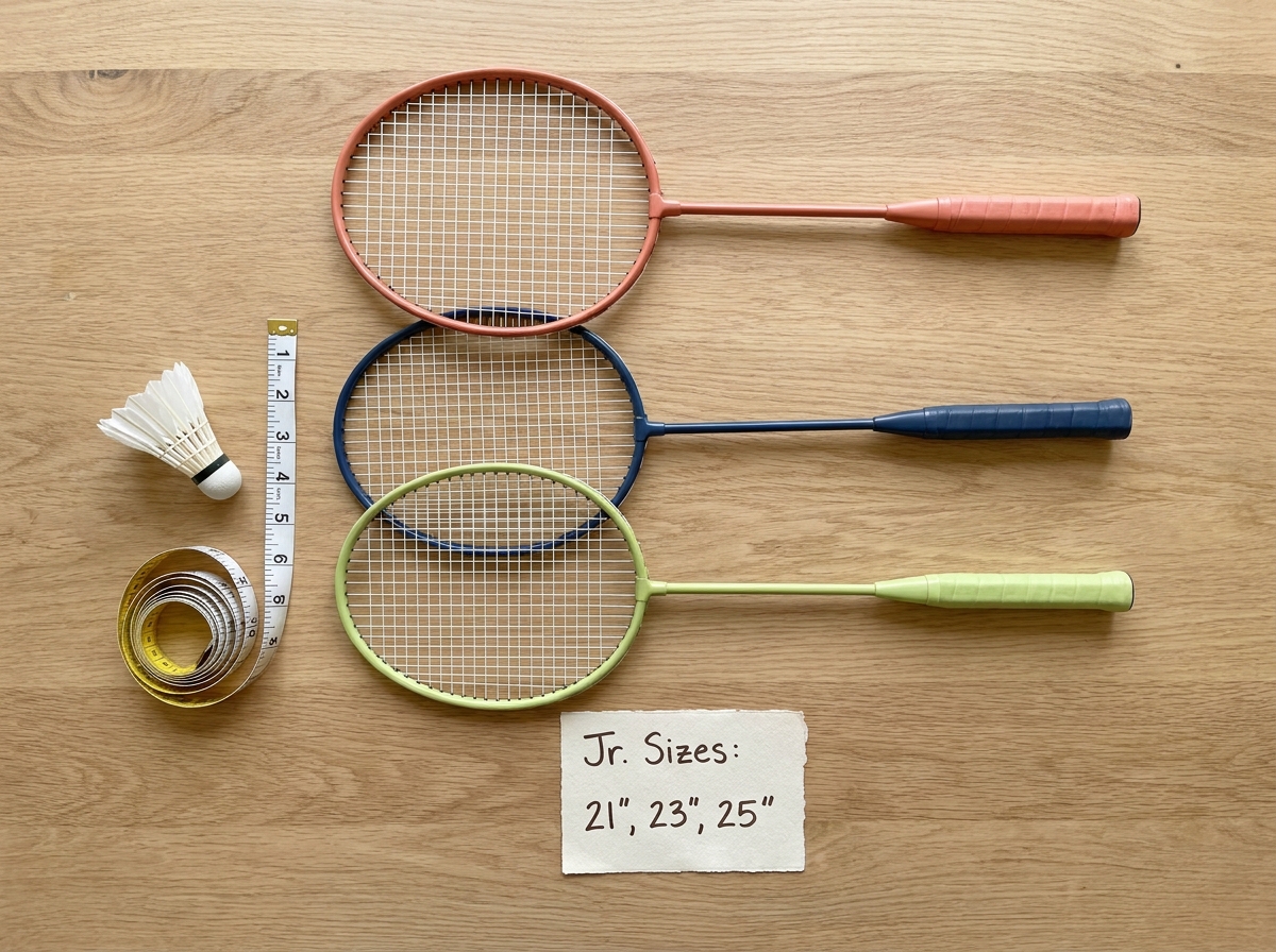 Comparaison de trois raquettes de badminton pour enfants posées sur une table en bois, guide des tailles et critères de choix