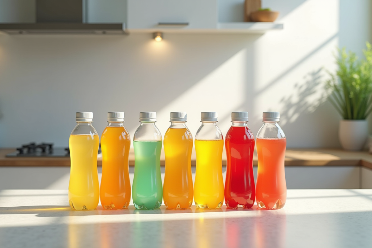 Vitrine avec différentes boissons sportives en cuisine naturelle